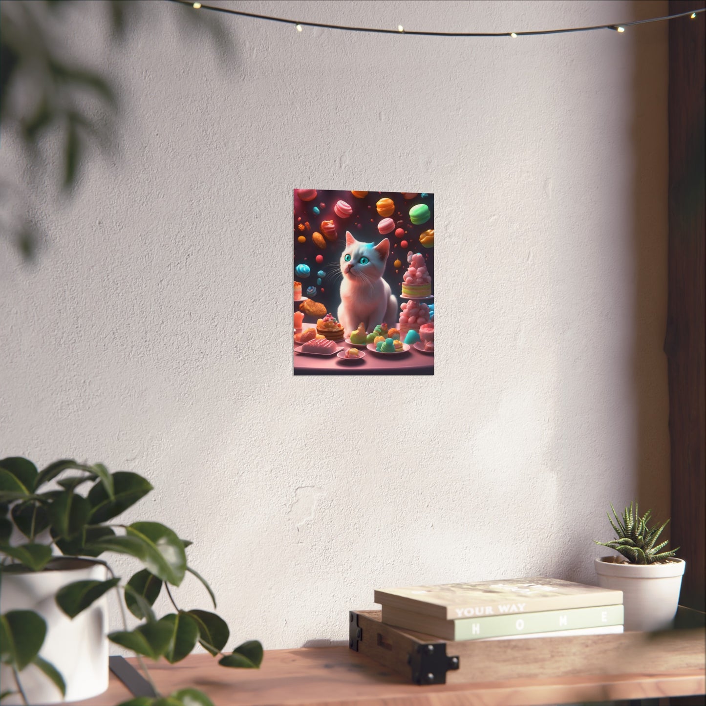 Poster - White Kitten with Sweets Fine Art Poster - Cat Lover Wall Art, Urban Cat Decor, Cute Kitten Print, Modern Animal Art, Teen,Kids Wall Art