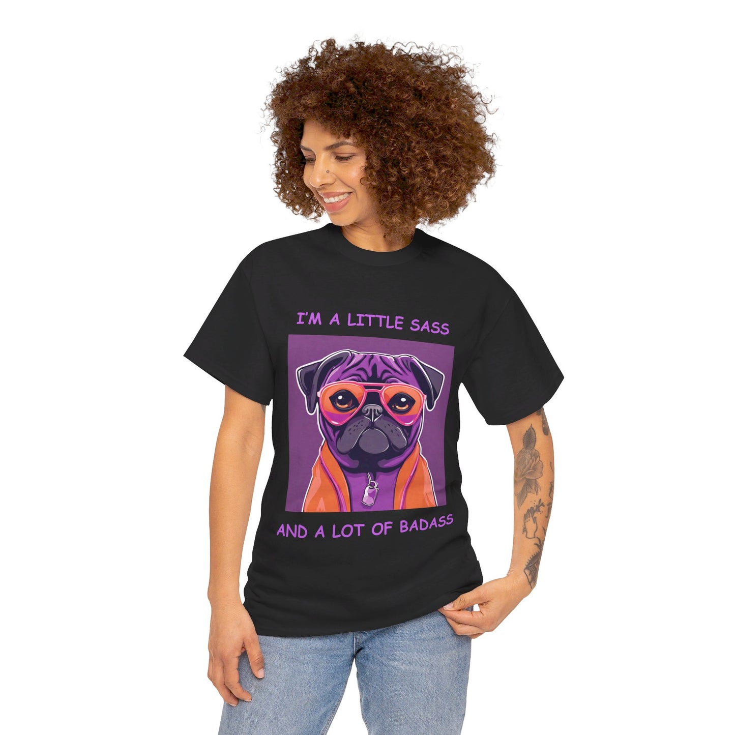 Pug I'm a Little Sass and a Lot of Badass Sassy Pug Unisex Jersey Short Sleeve Tee Cat Funny Cat Love Kitten Kids Tee Animal Lover Gift