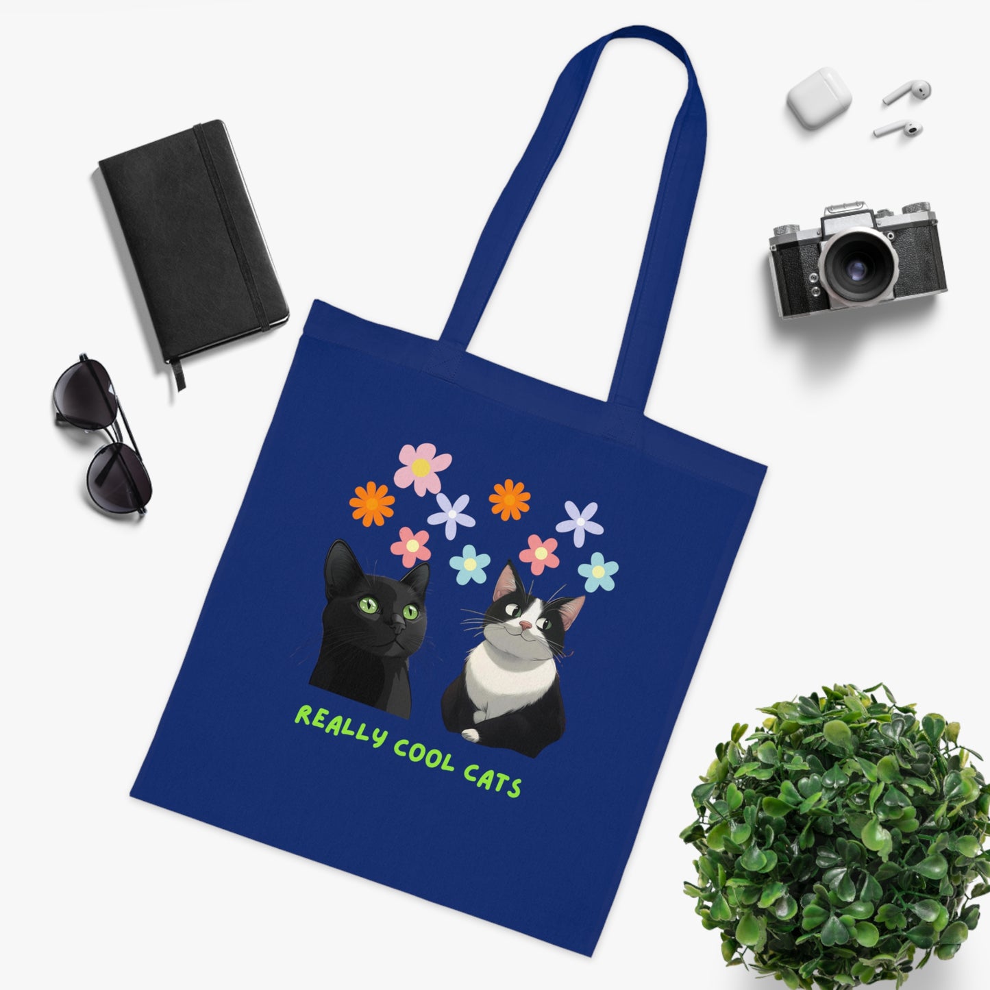 Really Cool Cats with Flowers Tote, Book Bag, Shopping Bag, Cat Lover Gift, Funny Cat Tote
