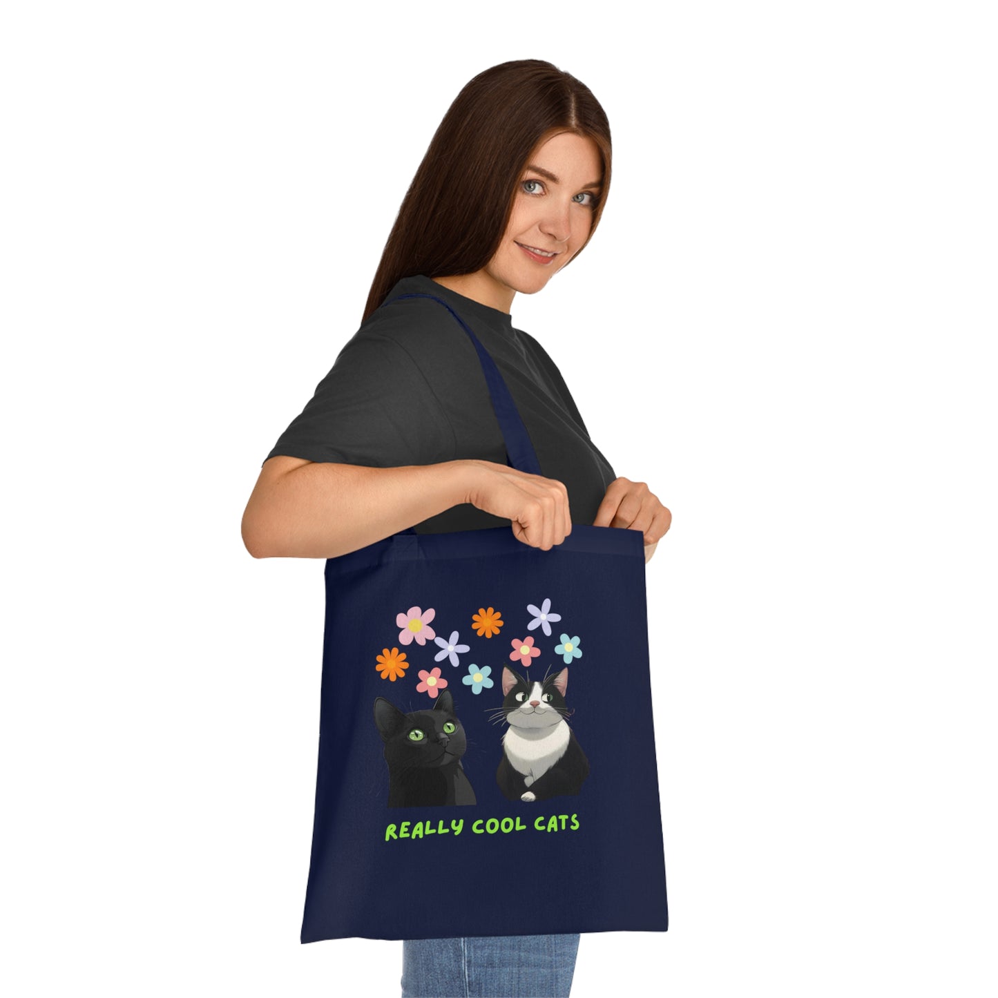 Really Cool Cats with Flowers Tote, Book Bag, Shopping Bag, Cat Lover Gift, Funny Cat Tote