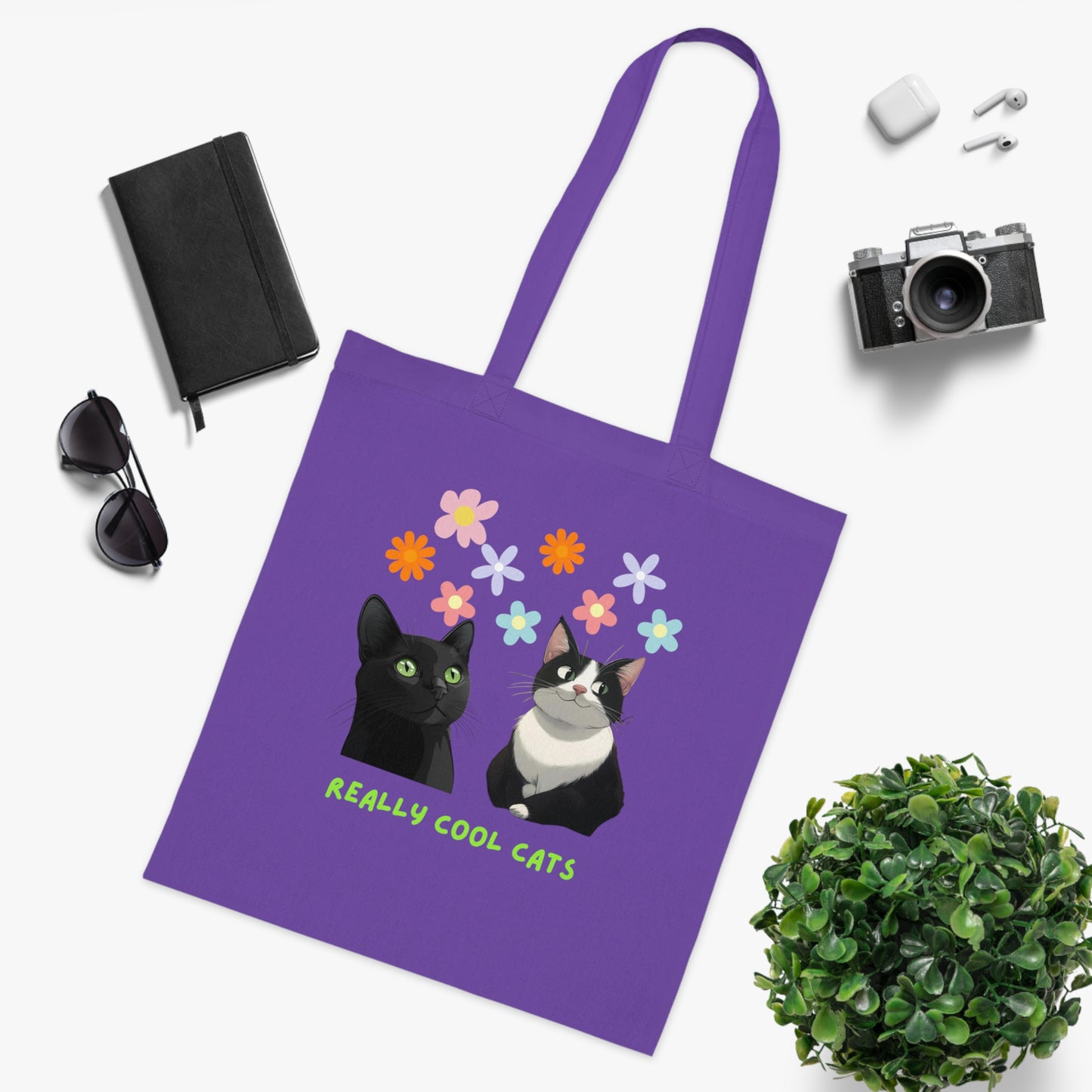 Really Cool Cats with Flowers Tote, Book Bag, Shopping Bag, Cat Lover Gift, Funny Cat Tote