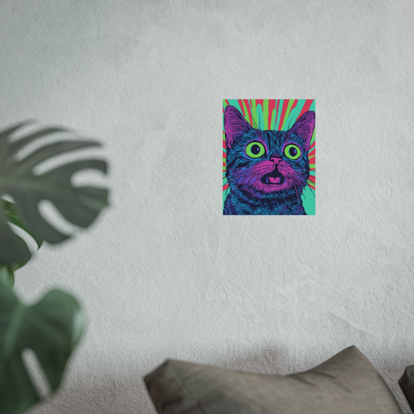 Surprised Cat Colourful Fine Art Poster - Music Lover Wall Art, Urban Cat Decor, Cute Kitten Print, Modern Animal Art, Teen Room