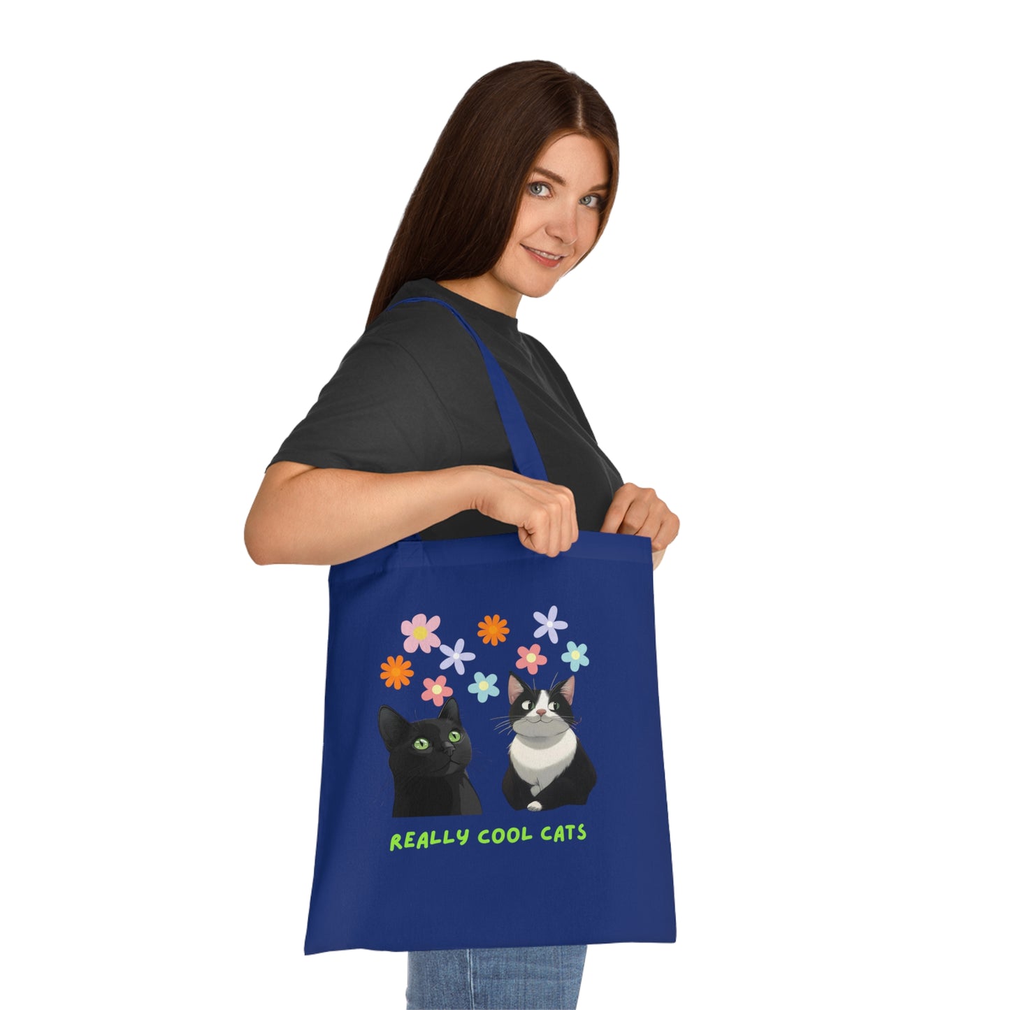 Really Cool Cats with Flowers Tote, Book Bag, Shopping Bag, Cat Lover Gift, Funny Cat Tote