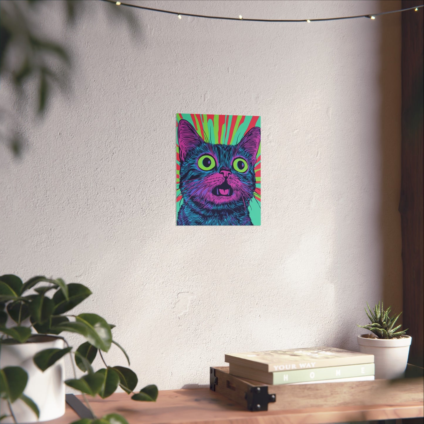 Surprised Cat Colourful Fine Art Poster - Music Lover Wall Art, Urban Cat Decor, Cute Kitten Print, Modern Animal Art, Teen Room