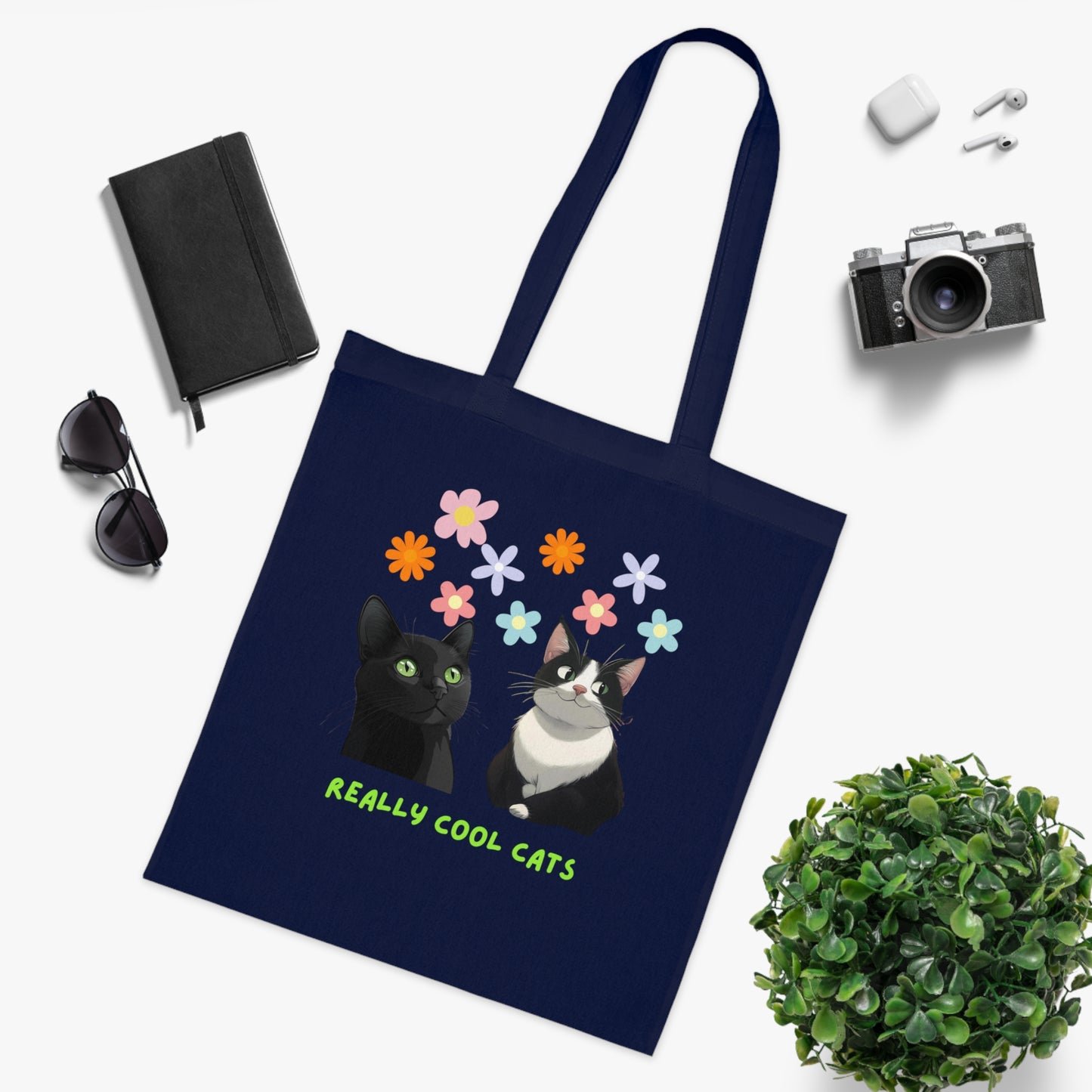 Really Cool Cats with Flowers Tote, Book Bag, Shopping Bag, Cat Lover Gift, Funny Cat Tote
