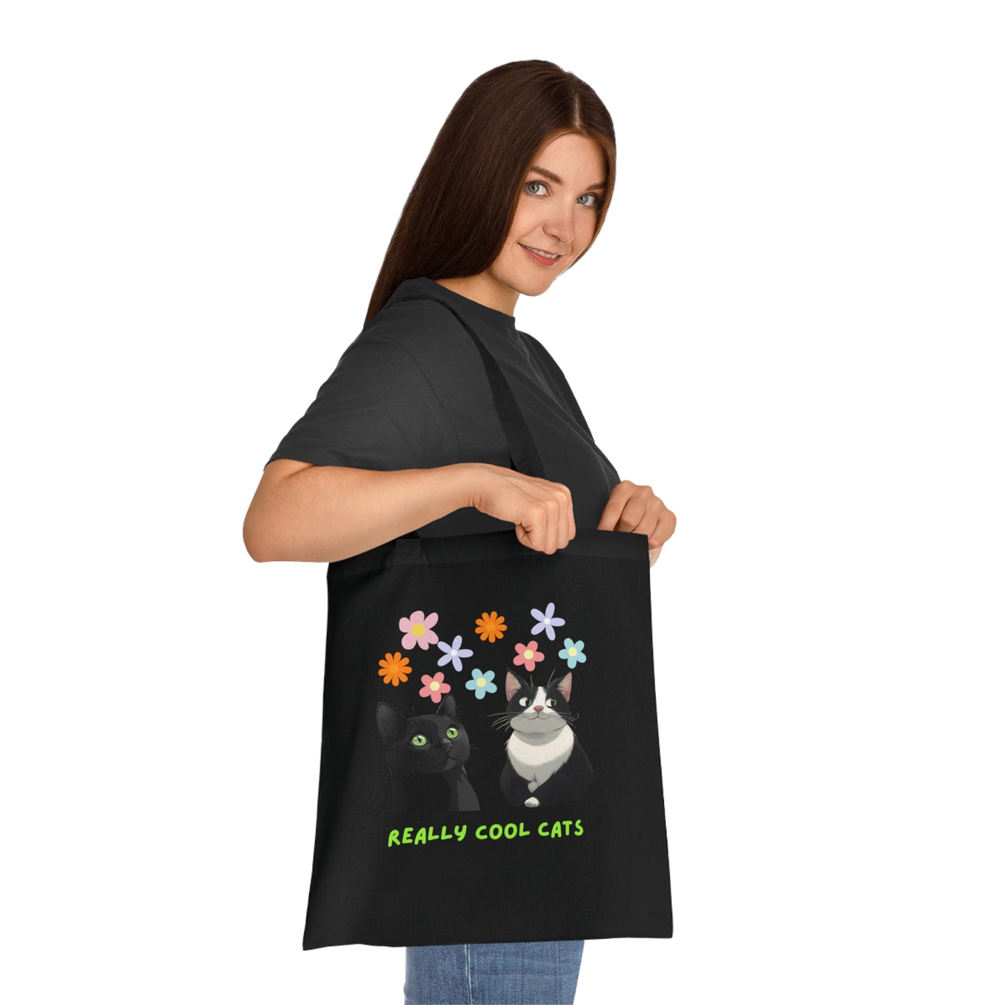 Really Cool Cats with Flowers Tote, Book Bag, Shopping Bag, Cat Lover Gift, Funny Cat Tote
