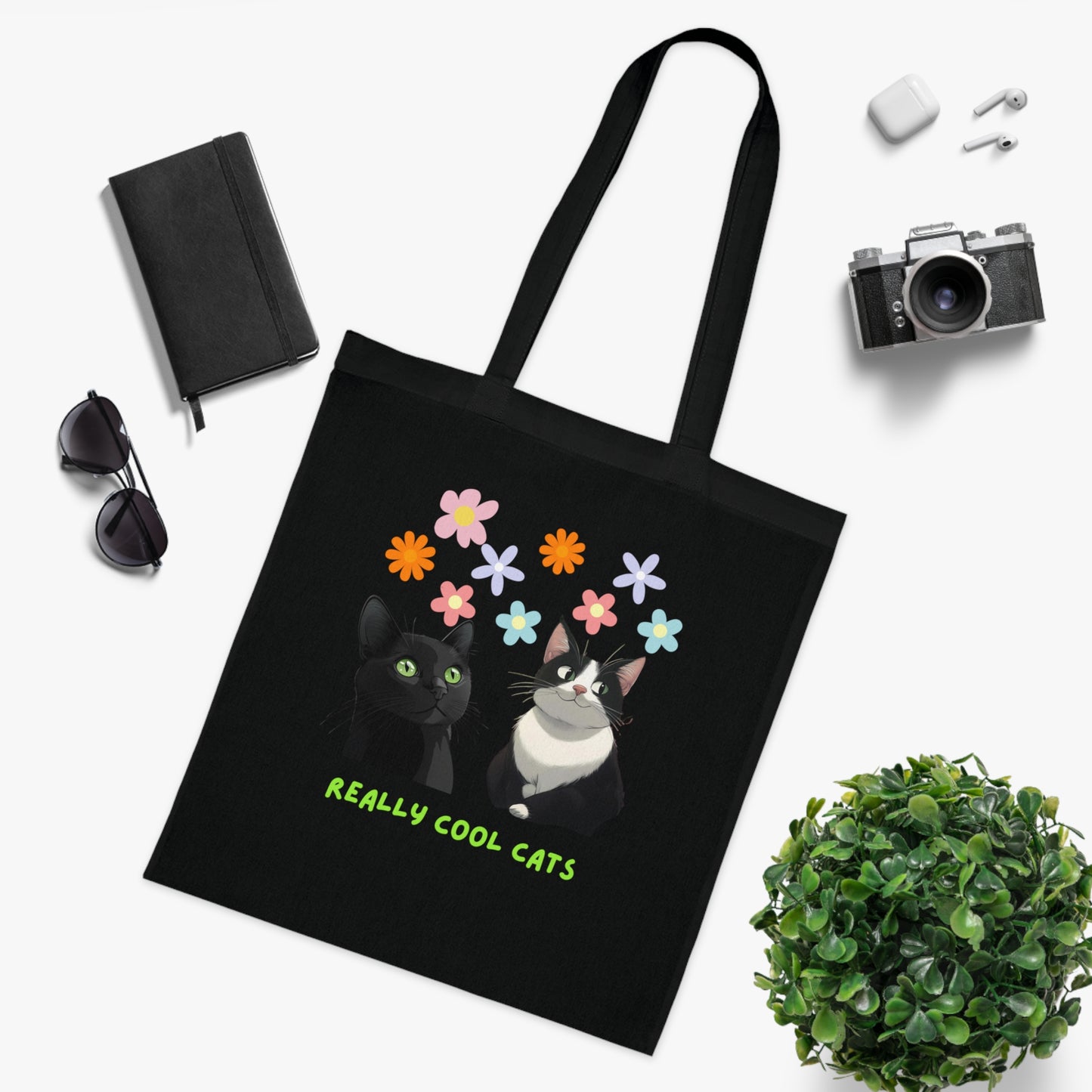 Really Cool Cats with Flowers Tote, Book Bag, Shopping Bag, Cat Lover Gift, Funny Cat Tote