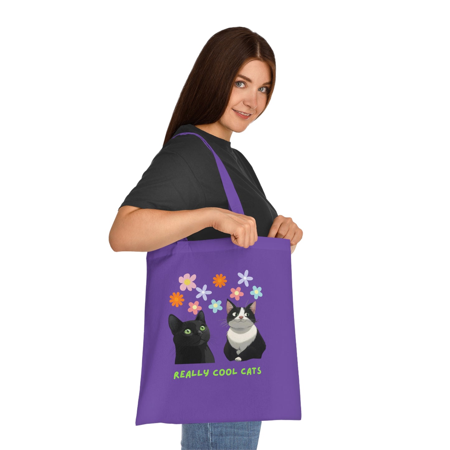 Really Cool Cats with Flowers Tote, Book Bag, Shopping Bag, Cat Lover Gift, Funny Cat Tote