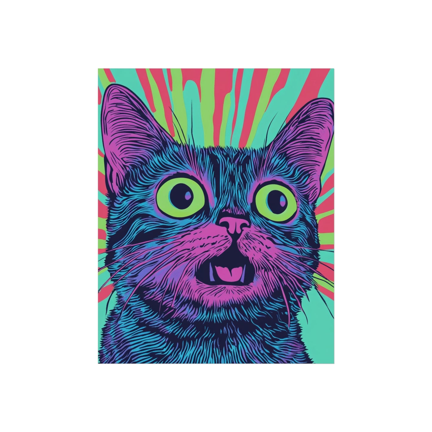 Surprised Cat Colourful Fine Art Poster - Music Lover Wall Art, Urban Cat Decor, Cute Kitten Print, Modern Animal Art, Teen Room