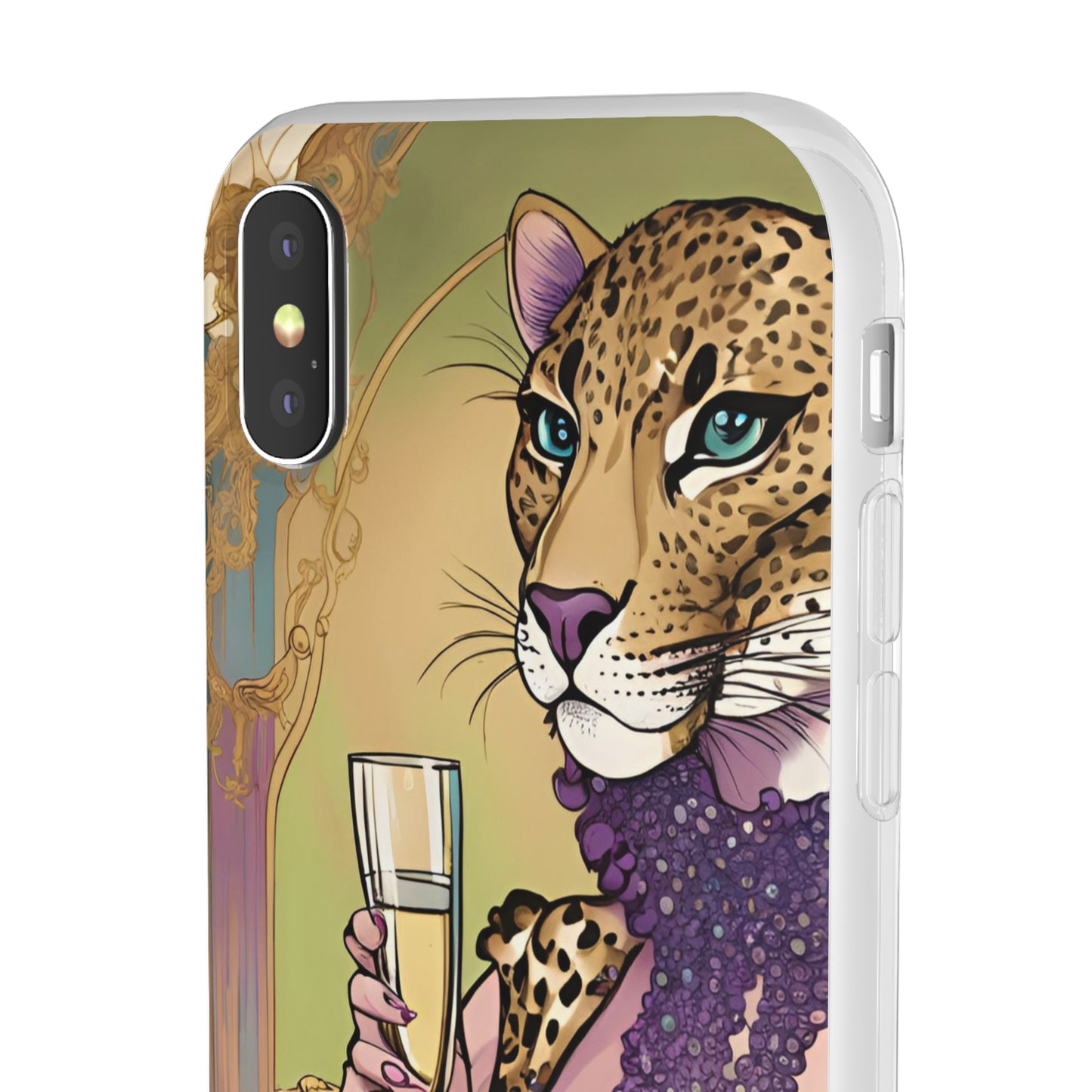 Whimsical Leopard Cat Flexi Phone Case, iPhone 15 14 13 , Samsung Galaxy Pixel Protective Case,Cat Lover Gift, Cat Lover Phone Case,Gift for her.