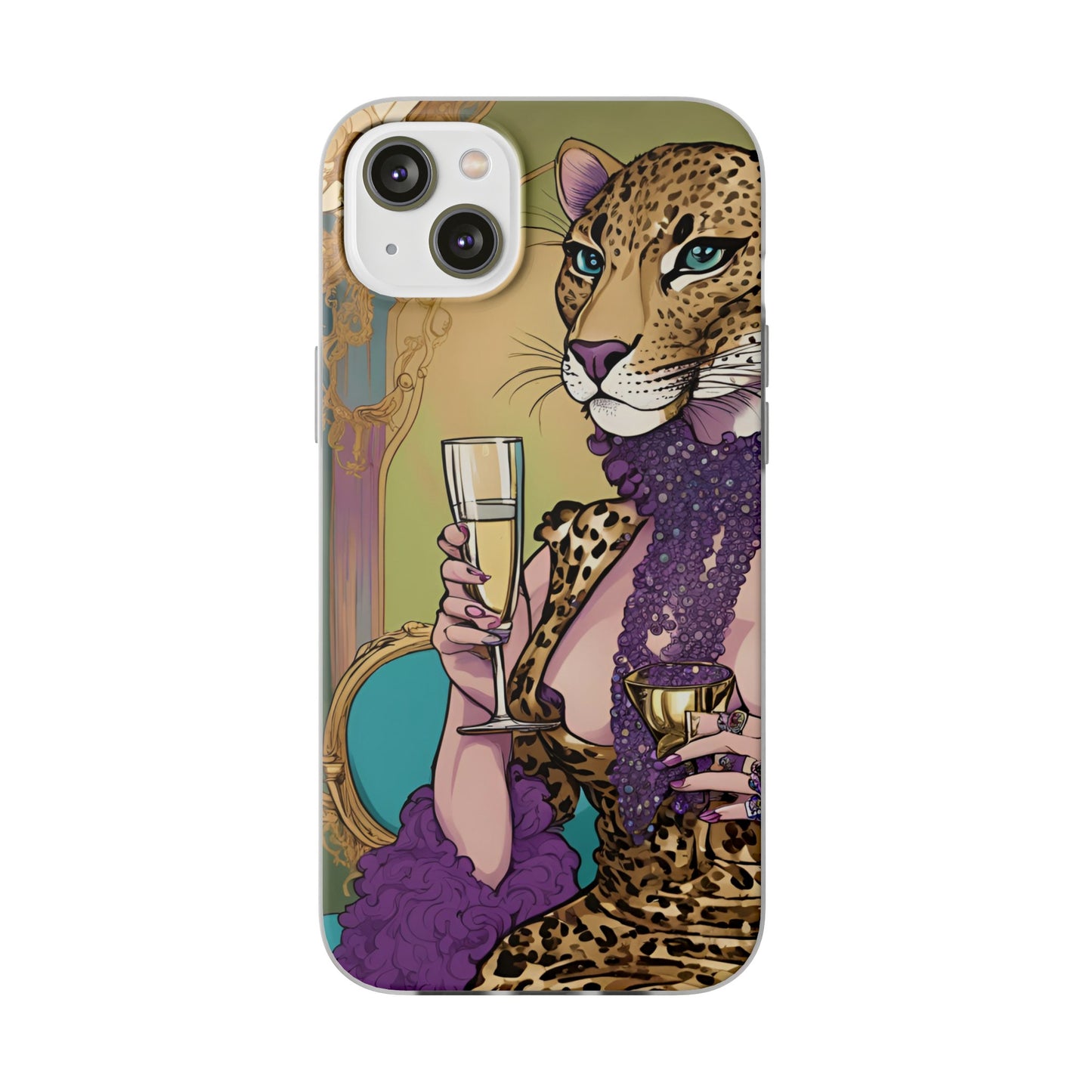 Whimsical Leopard Cat Flexi Phone Case, iPhone 15 14 13 , Samsung Galaxy Pixel Protective Case,Cat Lover Gift, Cat Lover Phone Case,Gift for her.