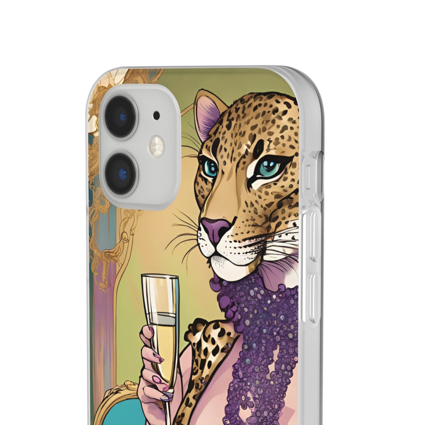 Whimsical Leopard Cat Flexi Phone Case, iPhone 15 14 13 , Samsung Galaxy Pixel Protective Case,Cat Lover Gift, Cat Lover Phone Case,Gift for her.