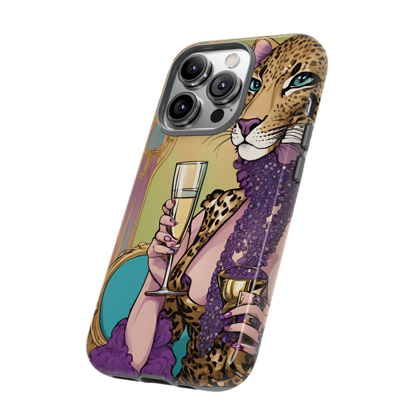 Hard  Cover Phone Case Whimsical Leopard Cat Phone Case, iPhone 15 14 13, Samsung Galaxy Pixel ,Google Pixel Protective Case,Cat Lover Gift.