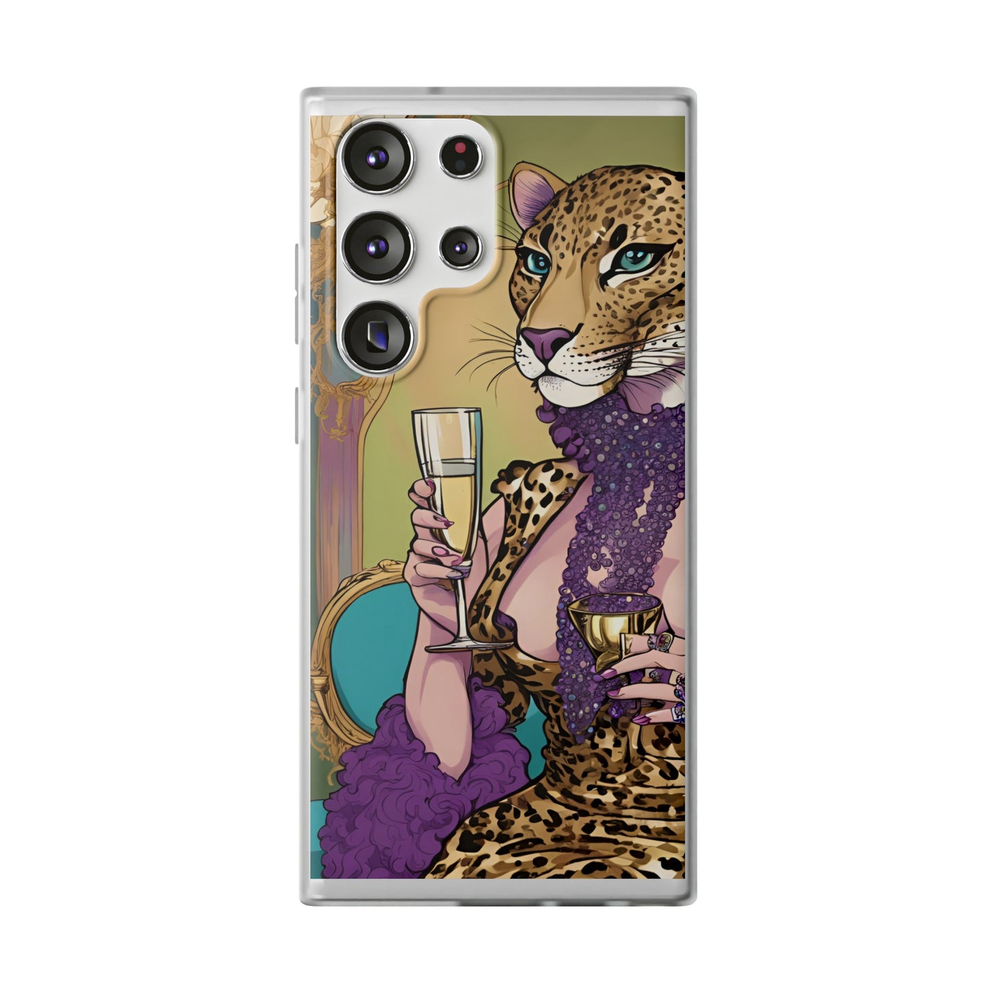 Whimsical Leopard Cat Flexi Phone Case, iPhone 15 14 13 , Samsung Galaxy Pixel Protective Case,Cat Lover Gift, Cat Lover Phone Case,Gift for her.