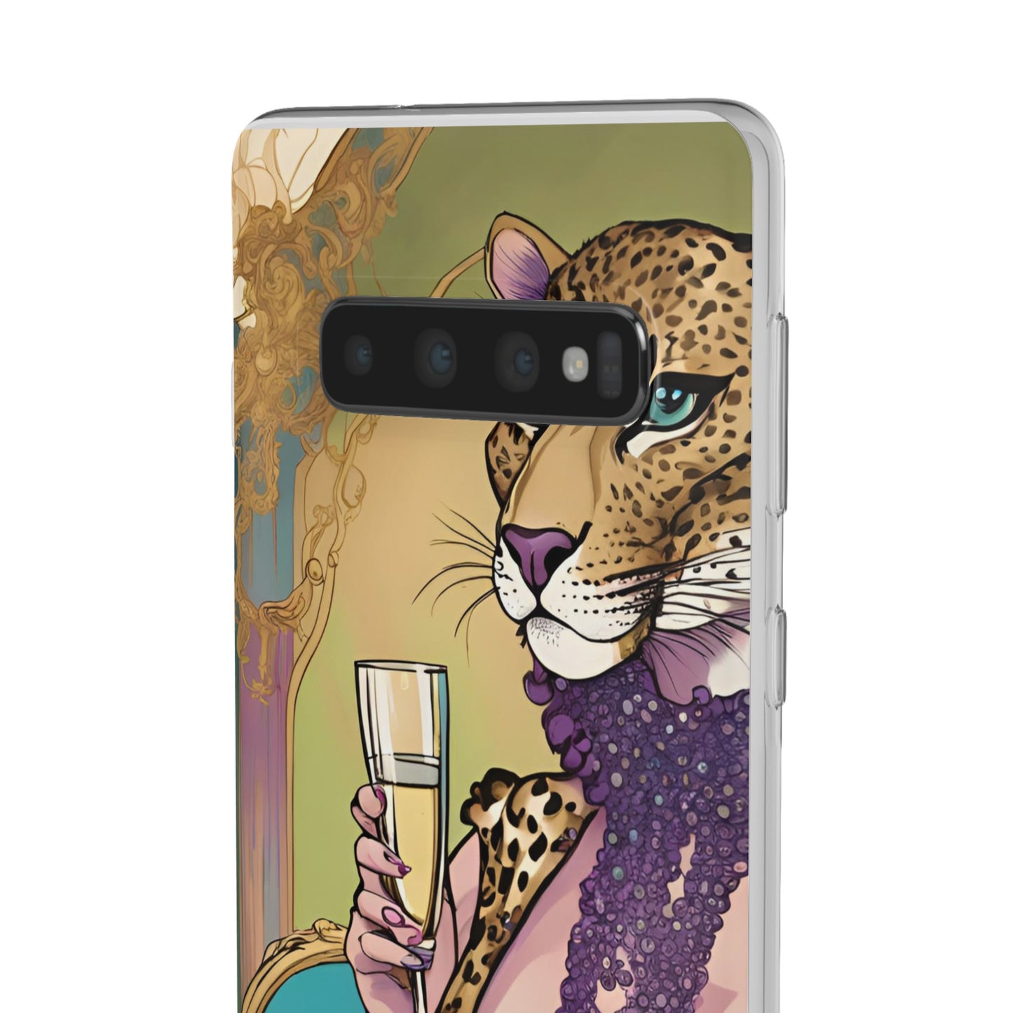 Whimsical Leopard Cat Flexi Phone Case, iPhone 15 14 13 , Samsung Galaxy Pixel Protective Case,Cat Lover Gift, Cat Lover Phone Case,Gift for her.