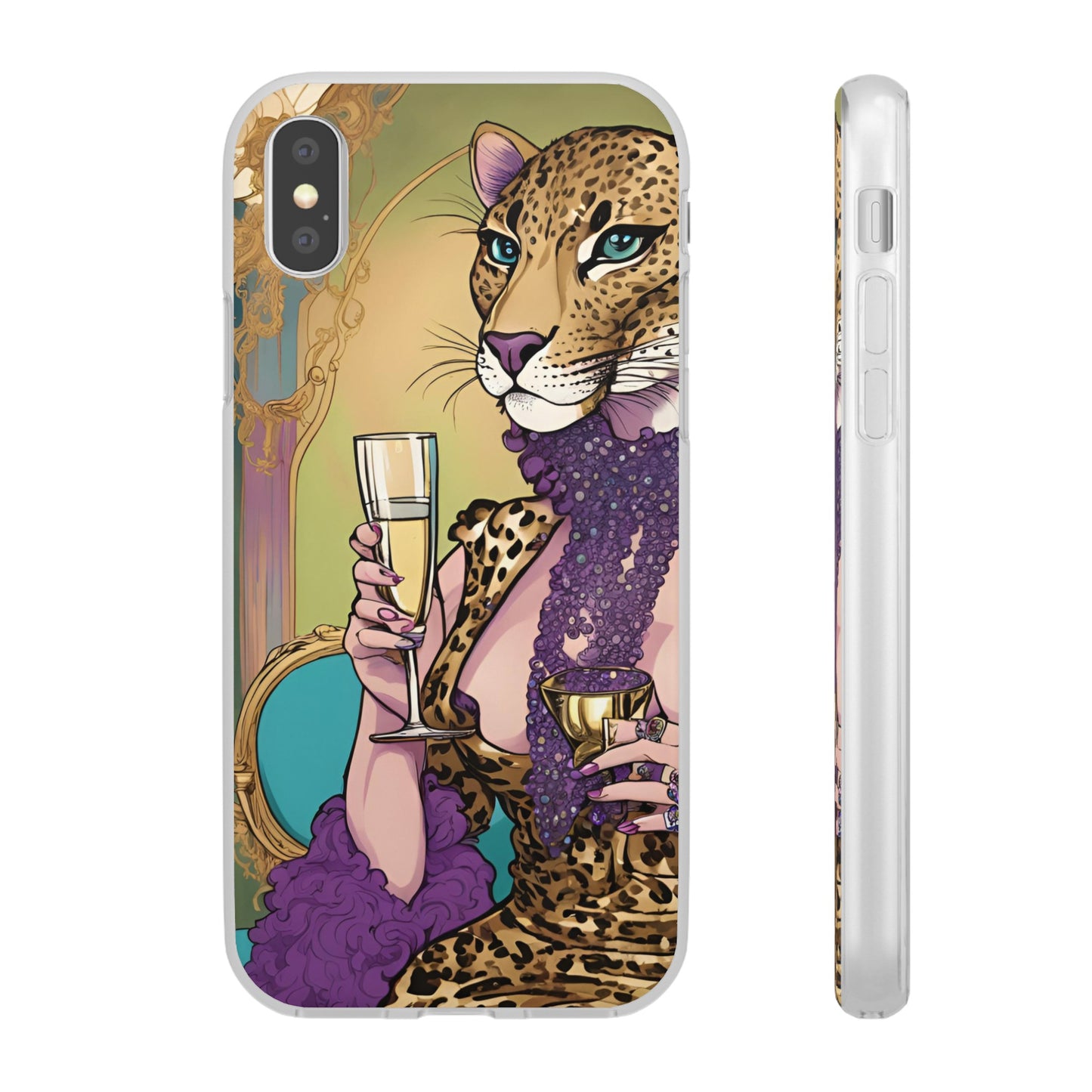 Whimsical Leopard Cat Flexi Phone Case, iPhone 15 14 13 , Samsung Galaxy Pixel Protective Case,Cat Lover Gift, Cat Lover Phone Case,Gift for her.