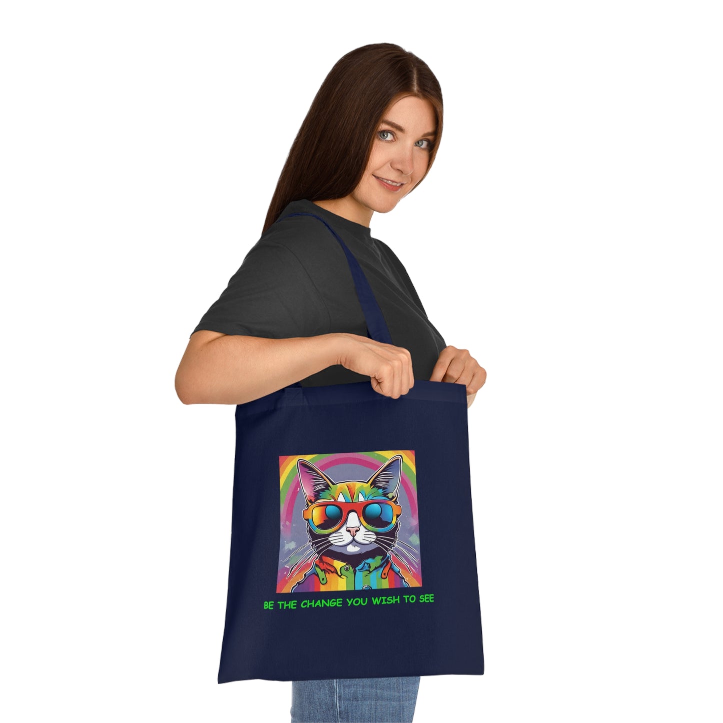 Cotton Tote Cute Sassy Cat Be the Change You Wish to See