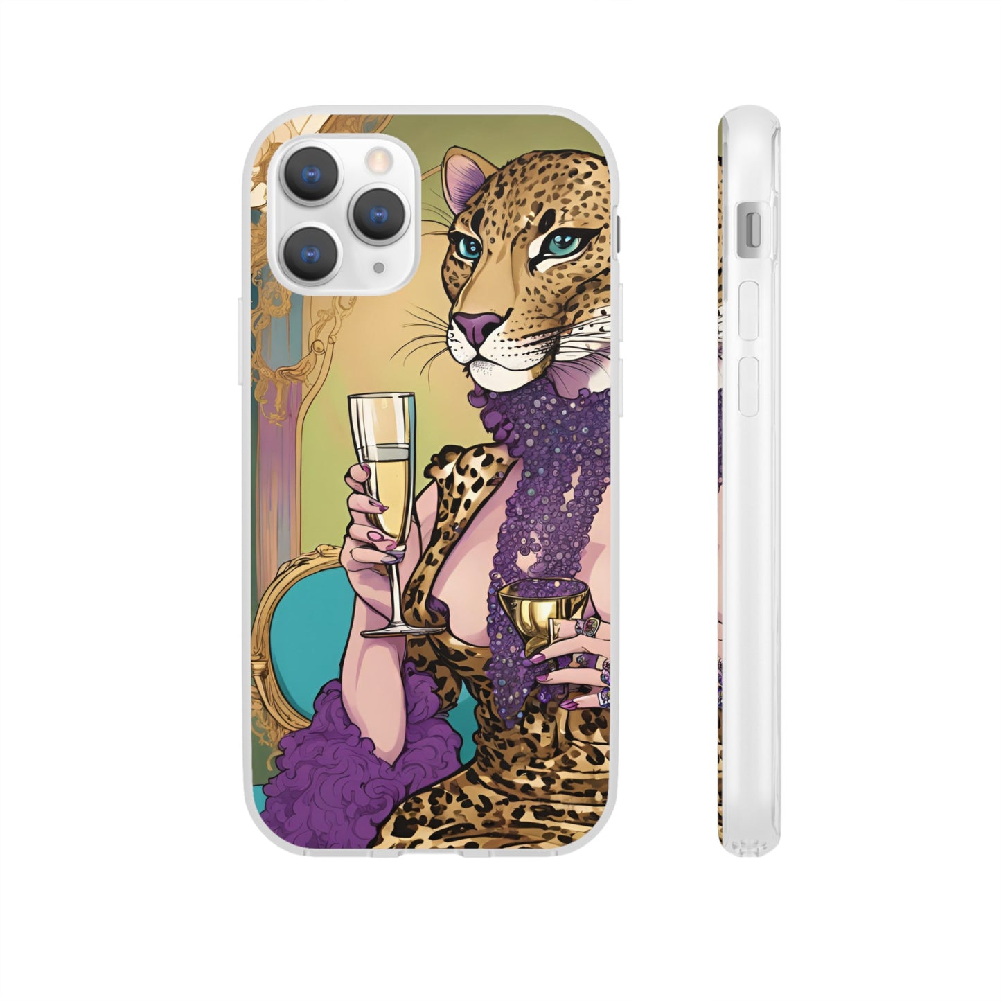 Whimsical Leopard Cat Flexi Phone Case, iPhone 15 14 13 , Samsung Galaxy Pixel Protective Case,Cat Lover Gift, Cat Lover Phone Case,Gift for her.