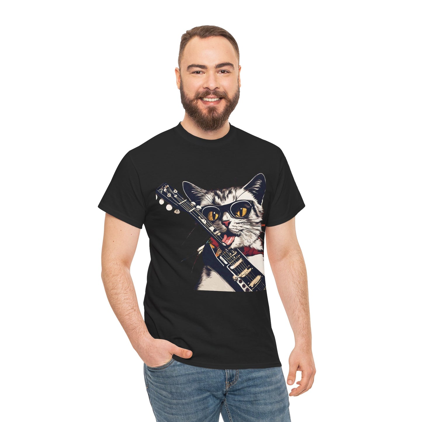 Rock Guitar Cat Unisex Jersey Short Sleeve Tee, Cat-T-Shirt, Cat Lover T-Shirt, Rock Lover Shirt