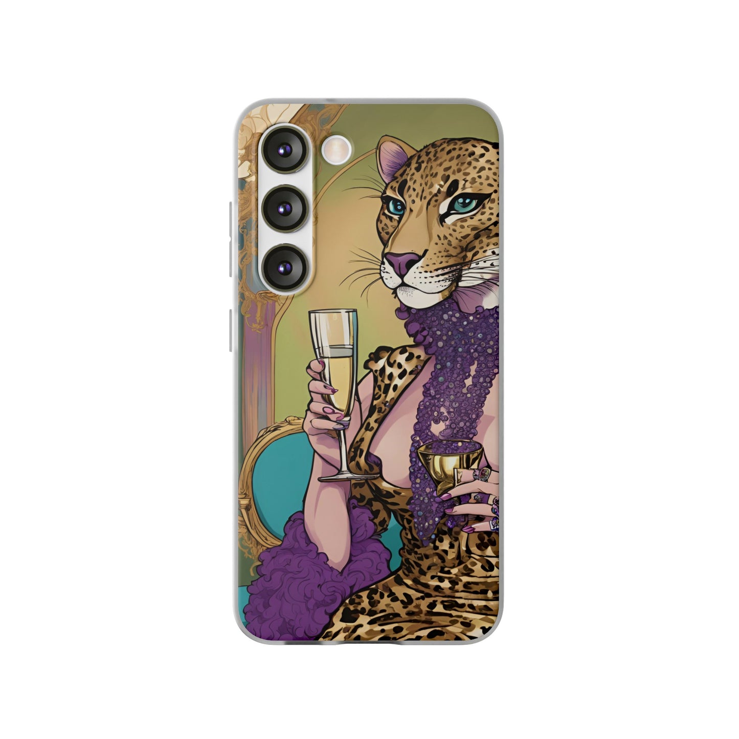 Whimsical Leopard Cat Flexi Phone Case, iPhone 15 14 13 , Samsung Galaxy Pixel Protective Case,Cat Lover Gift, Cat Lover Phone Case,Gift for her.