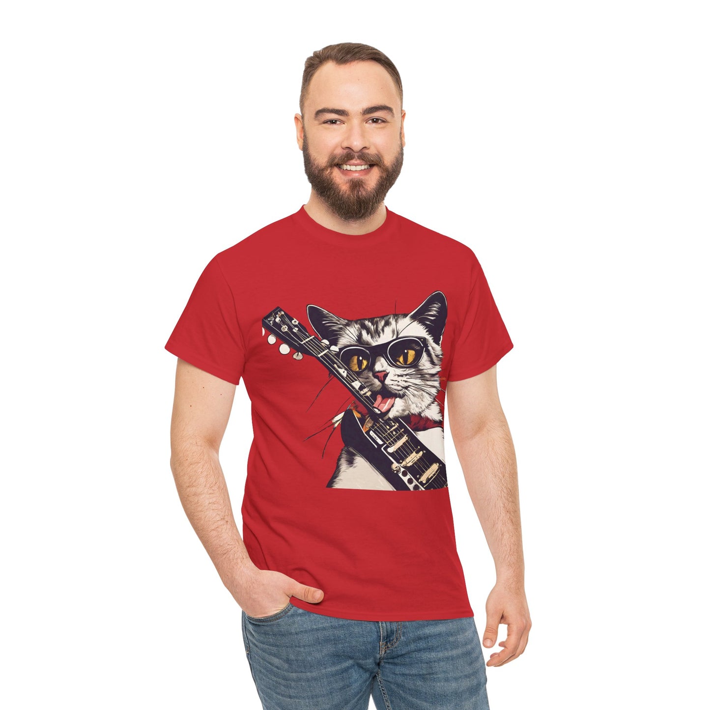 Rock Guitar Cat Unisex Jersey Short Sleeve Tee, Cat-T-Shirt, Cat Lover T-Shirt, Rock Lover Shirt