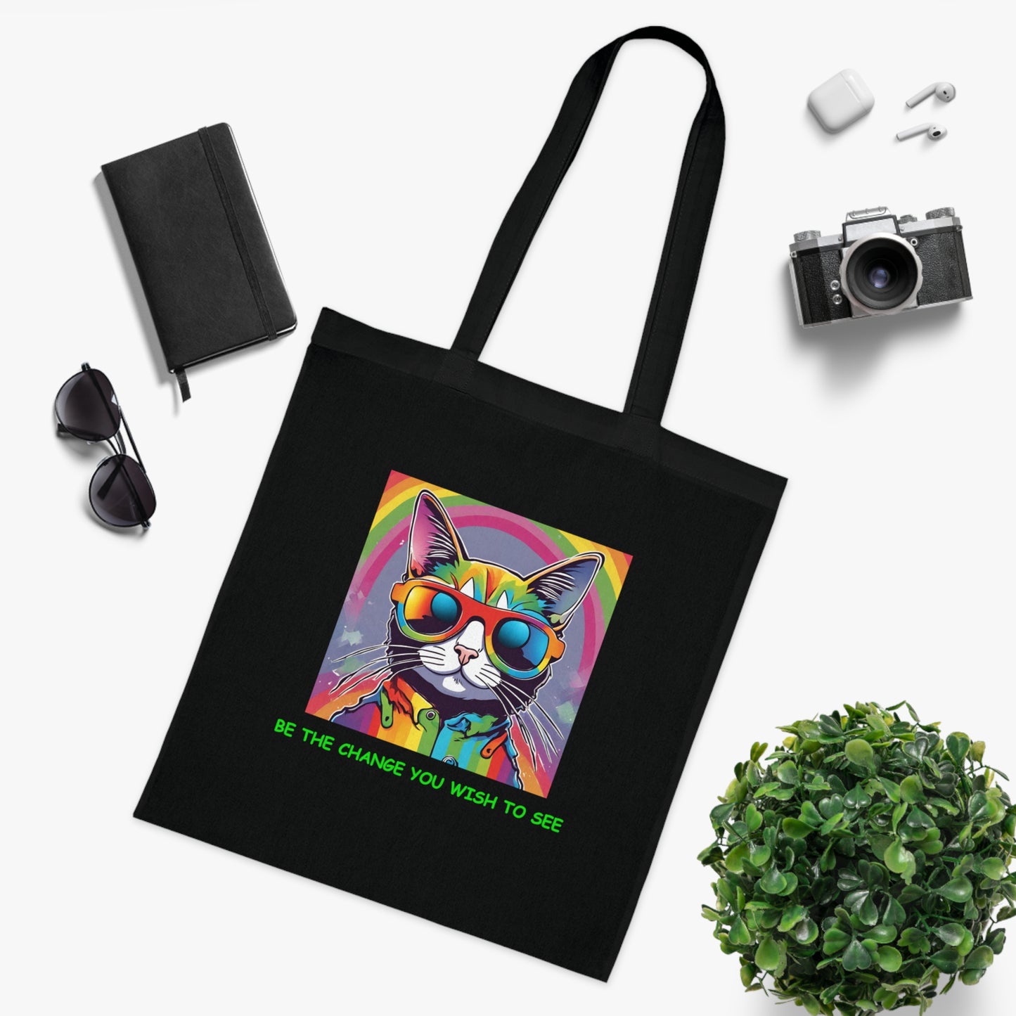 Cotton Tote Cute Sassy Cat Be the Change You Wish to See