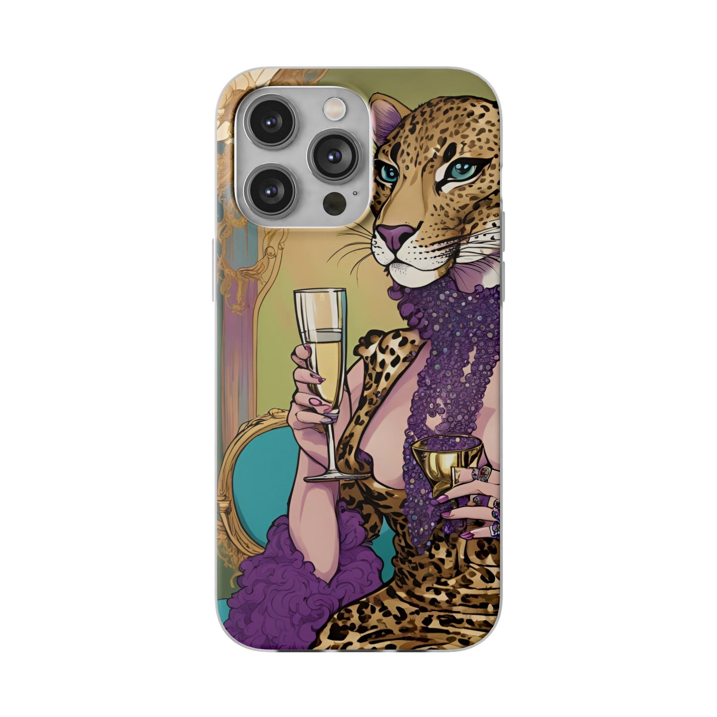 Whimsical Leopard Cat Flexi Phone Case, iPhone 15 14 13 , Samsung Galaxy Pixel Protective Case,Cat Lover Gift, Cat Lover Phone Case,Gift for her.