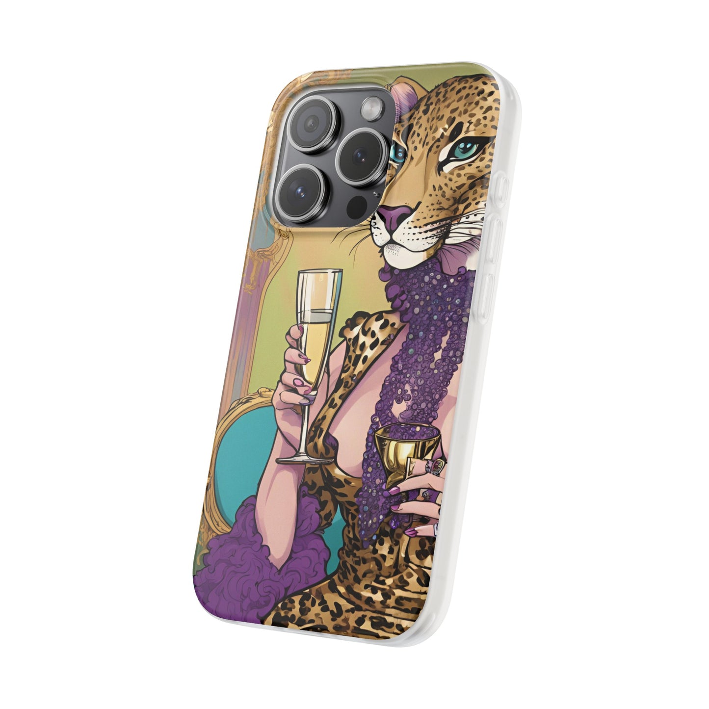 Whimsical Leopard Cat Flexi Phone Case, iPhone 15 14 13 , Samsung Galaxy Pixel Protective Case,Cat Lover Gift, Cat Lover Phone Case,Gift for her.