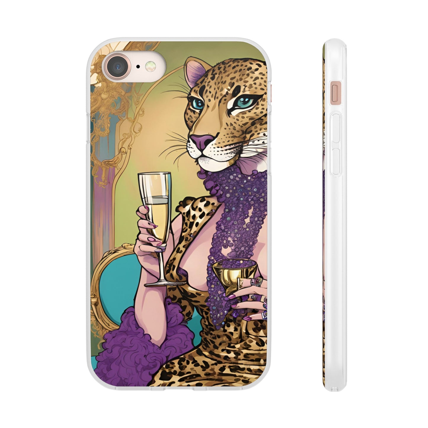 Whimsical Leopard Cat Flexi Phone Case, iPhone 15 14 13 , Samsung Galaxy Pixel Protective Case,Cat Lover Gift, Cat Lover Phone Case,Gift for her.