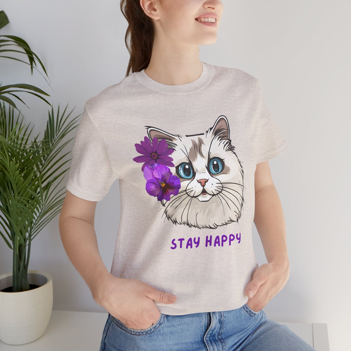 Cute Cat T-Shirt, Ragdoll Floral T-Shirt, Stay Happy Cotton T-Shirt