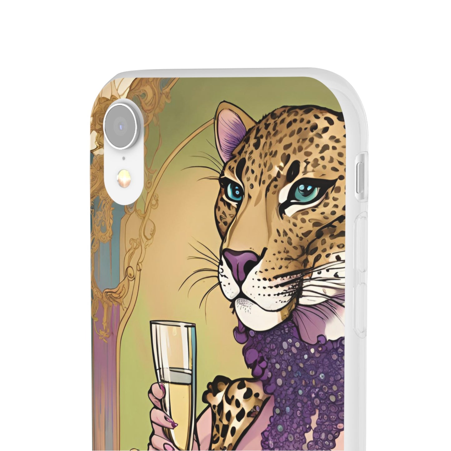 Whimsical Leopard Cat Flexi Phone Case, iPhone 15 14 13 , Samsung Galaxy Pixel Protective Case,Cat Lover Gift, Cat Lover Phone Case,Gift for her.