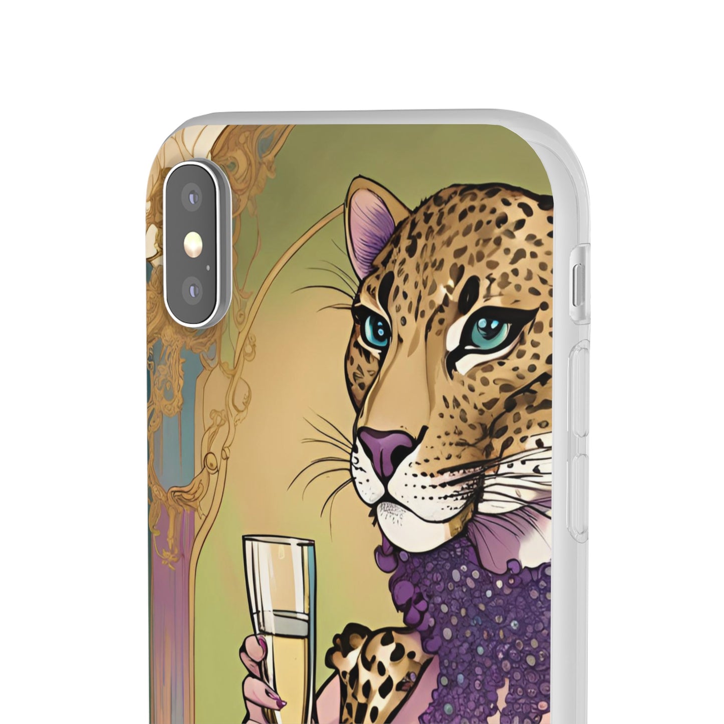 Whimsical Leopard Cat Flexi Phone Case, iPhone 15 14 13 , Samsung Galaxy Pixel Protective Case,Cat Lover Gift, Cat Lover Phone Case,Gift for her.