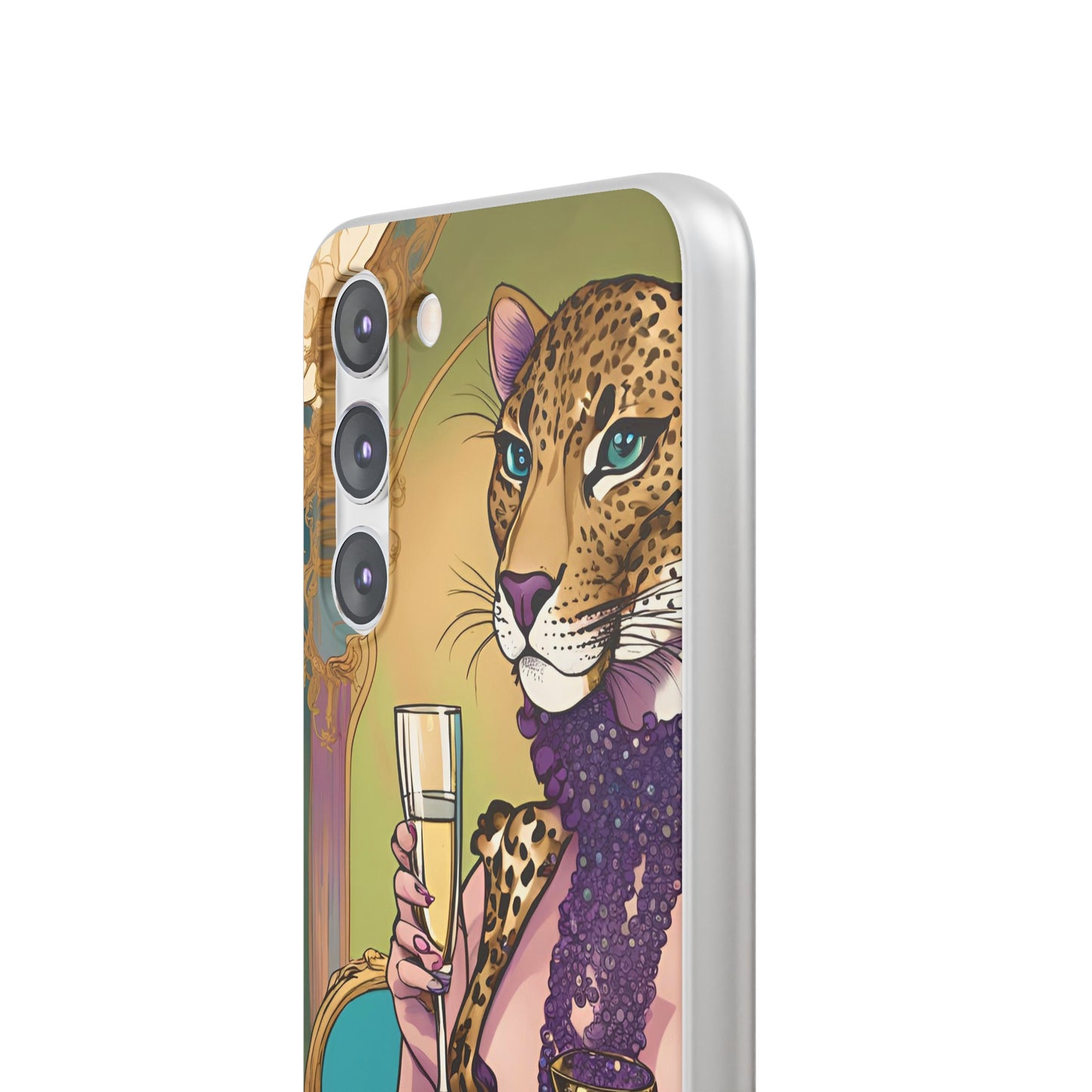 Whimsical Leopard Cat Flexi Phone Case, iPhone 15 14 13 , Samsung Galaxy Pixel Protective Case,Cat Lover Gift, Cat Lover Phone Case,Gift for her.