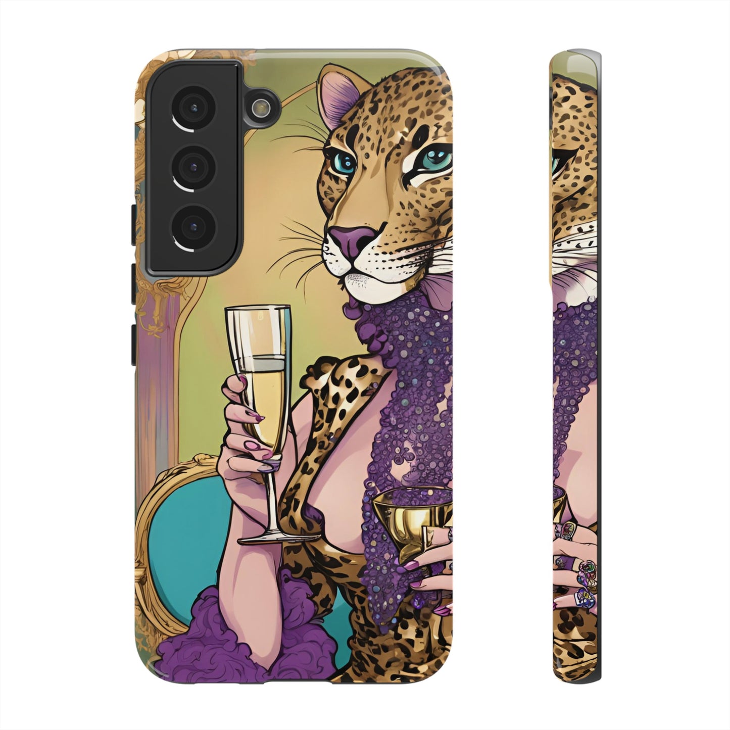 Hard  Cover Phone Case Whimsical Leopard Cat Phone Case, iPhone 15 14 13, Samsung Galaxy Pixel ,Google Pixel Protective Case,Cat Lover Gift.