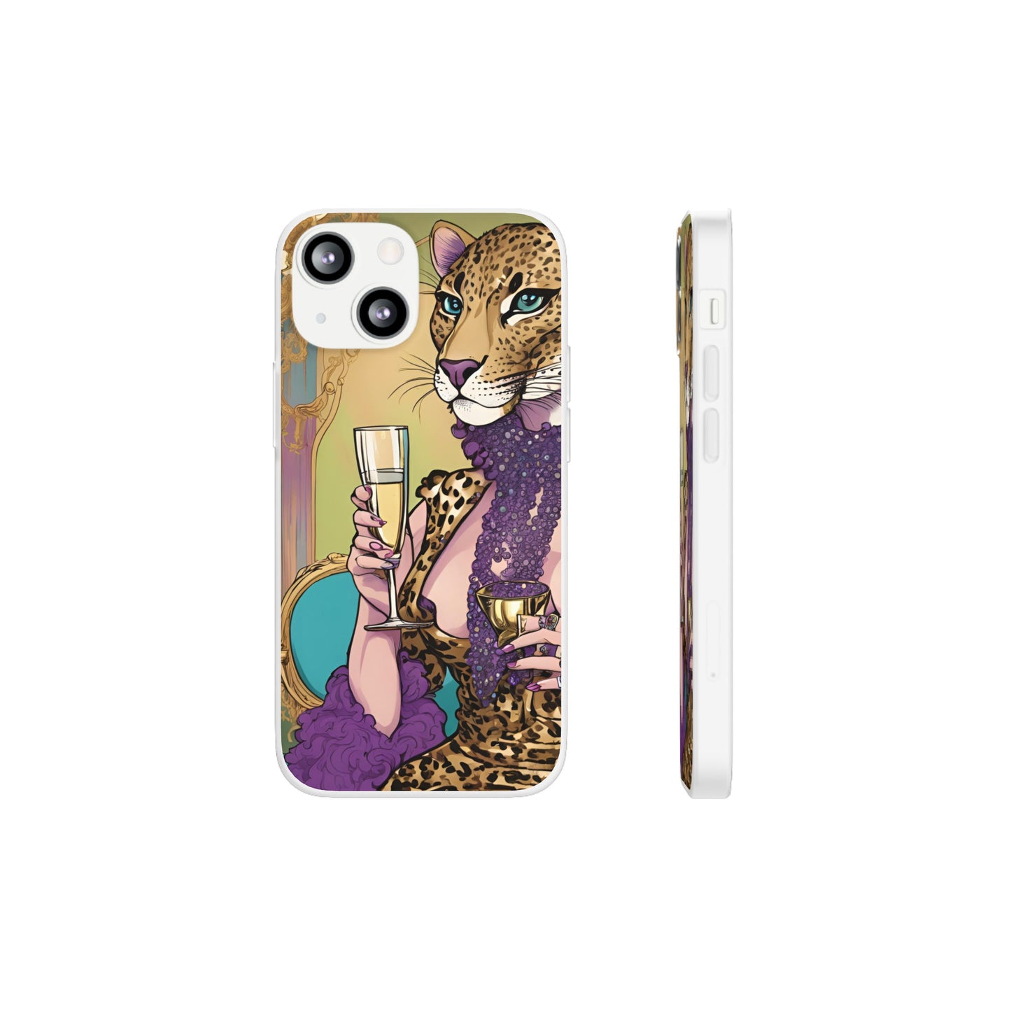 Whimsical Leopard Cat Flexi Phone Case, iPhone 15 14 13 , Samsung Galaxy Pixel Protective Case,Cat Lover Gift, Cat Lover Phone Case,Gift for her.