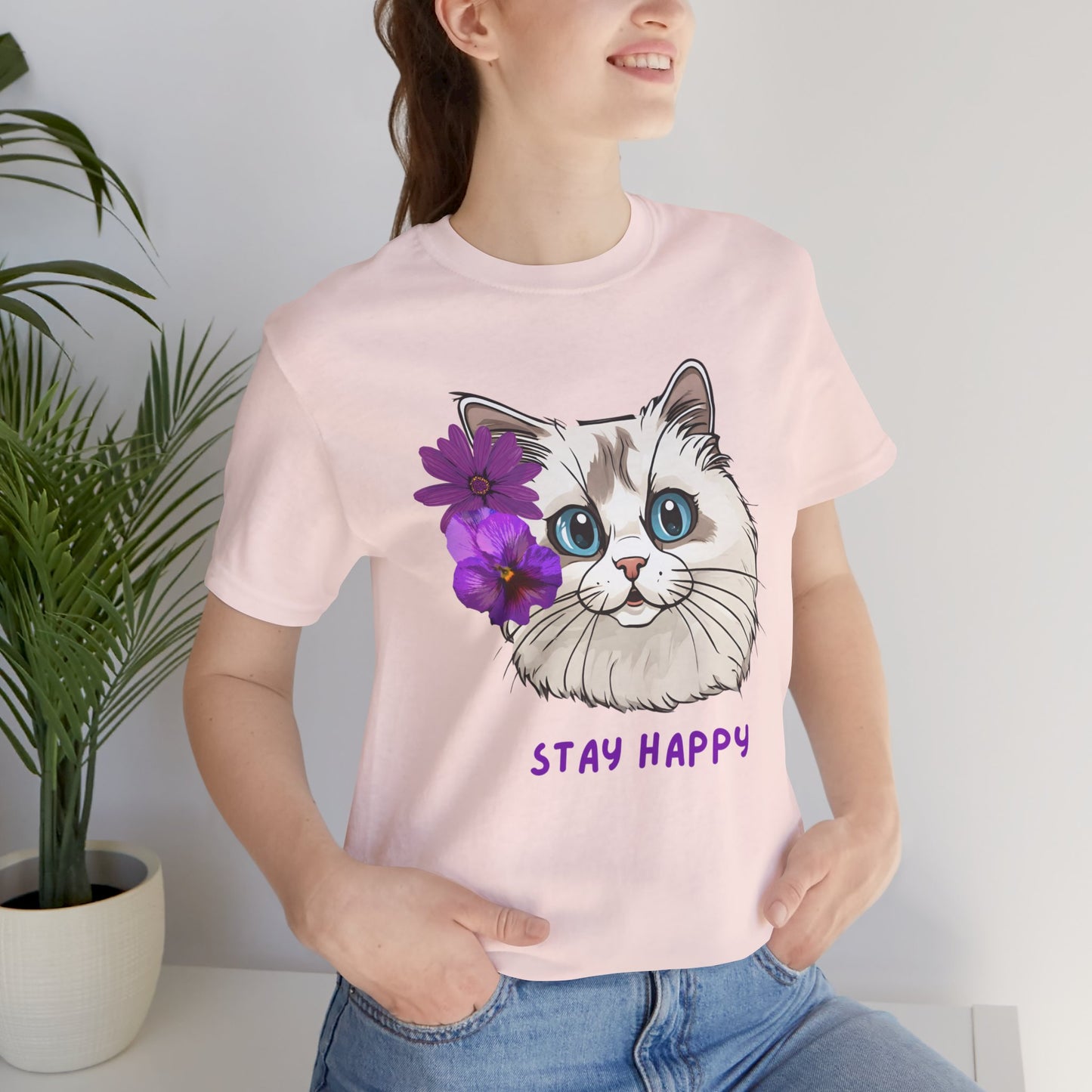 Cute Cat T-Shirt, Ragdoll Floral T-Shirt, Stay Happy Cotton T-Shirt