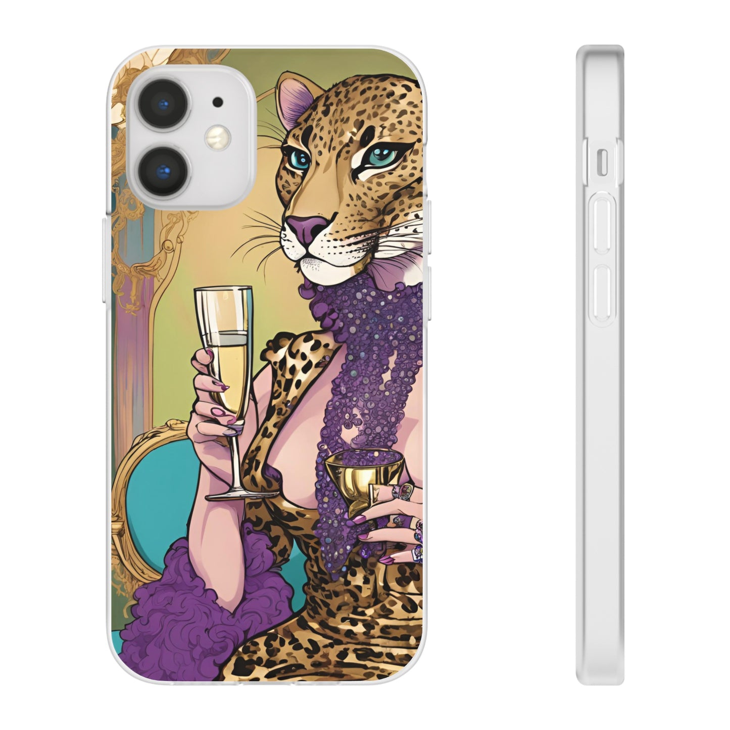 Whimsical Leopard Cat Flexi Phone Case, iPhone 15 14 13 , Samsung Galaxy Pixel Protective Case,Cat Lover Gift, Cat Lover Phone Case,Gift for her.