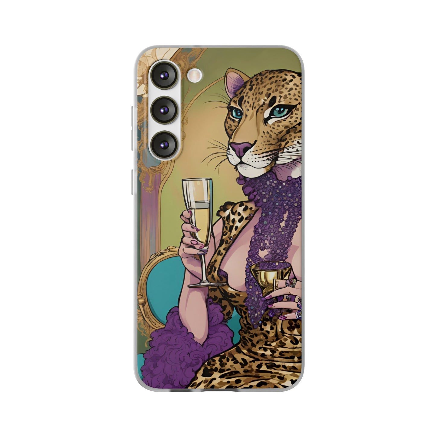 Whimsical Leopard Cat Flexi Phone Case, iPhone 15 14 13 , Samsung Galaxy Pixel Protective Case,Cat Lover Gift, Cat Lover Phone Case,Gift for her.