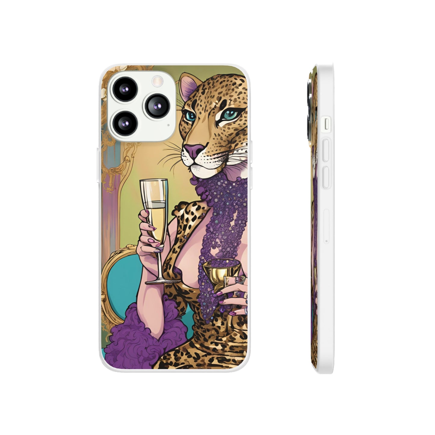 Whimsical Leopard Cat Flexi Phone Case, iPhone 15 14 13 , Samsung Galaxy Pixel Protective Case,Cat Lover Gift, Cat Lover Phone Case,Gift for her.