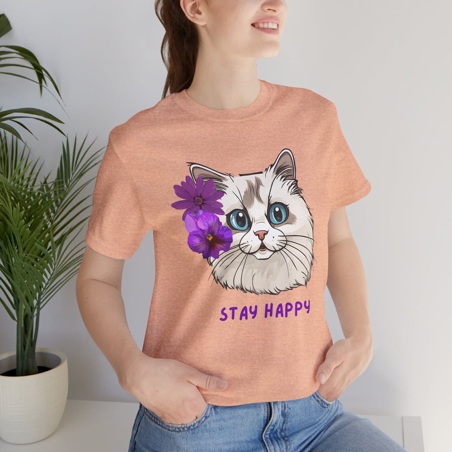 Cute Cat T-Shirt, Ragdoll Floral T-Shirt, Stay Happy Cotton T-Shirt