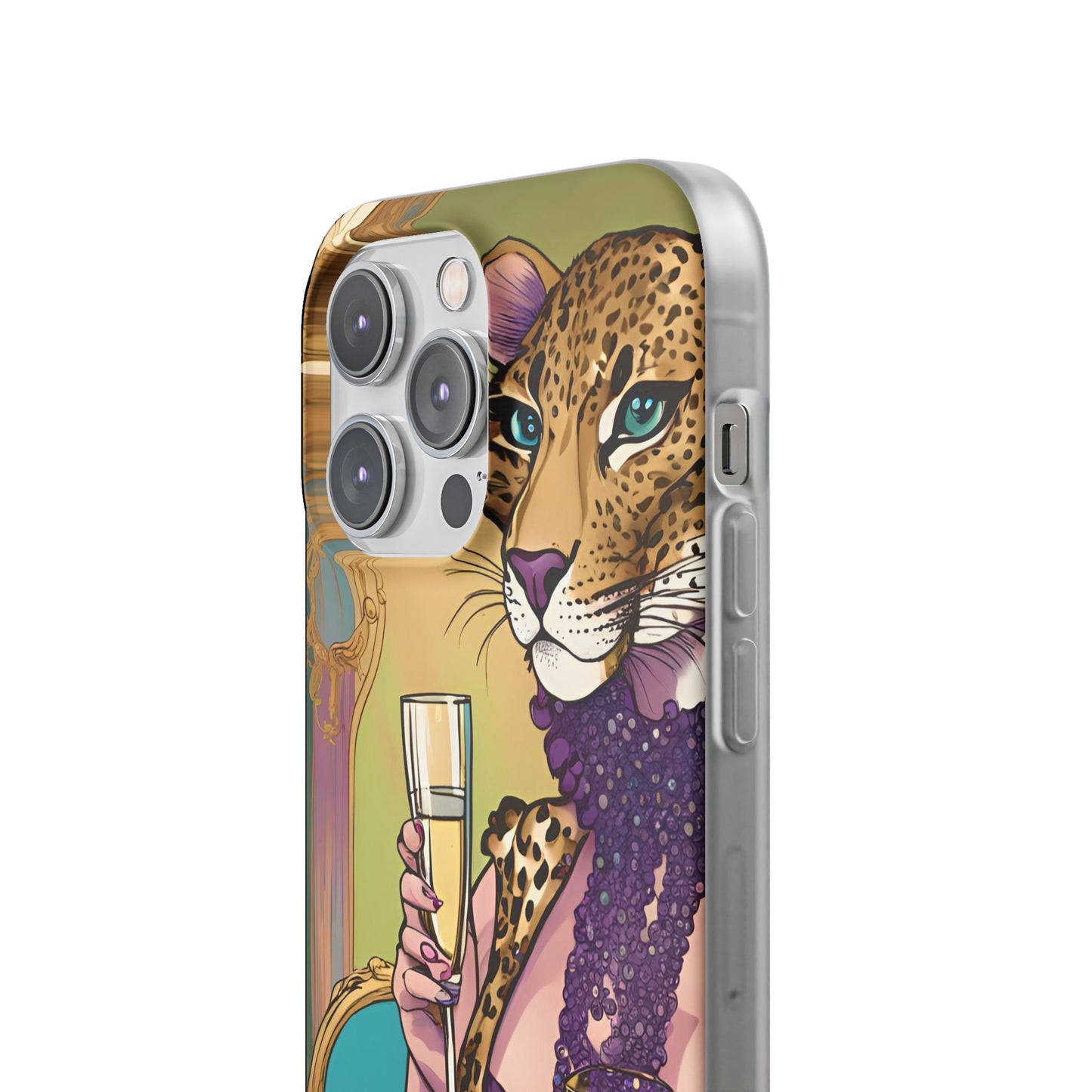 Whimsical Leopard Cat Flexi Phone Case, iPhone 15 14 13 , Samsung Galaxy Pixel Protective Case,Cat Lover Gift, Cat Lover Phone Case,Gift for her.