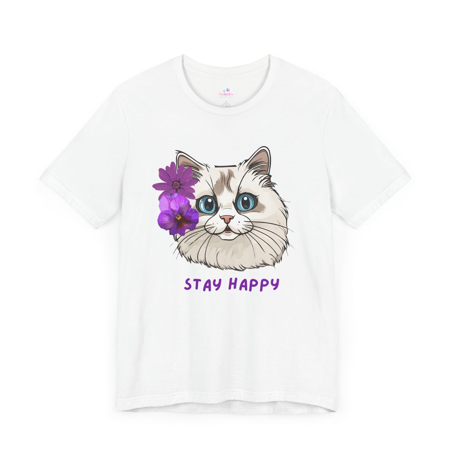 Cute Cat T-Shirt, Ragdoll Floral T-Shirt, Stay Happy Cotton T-Shirt