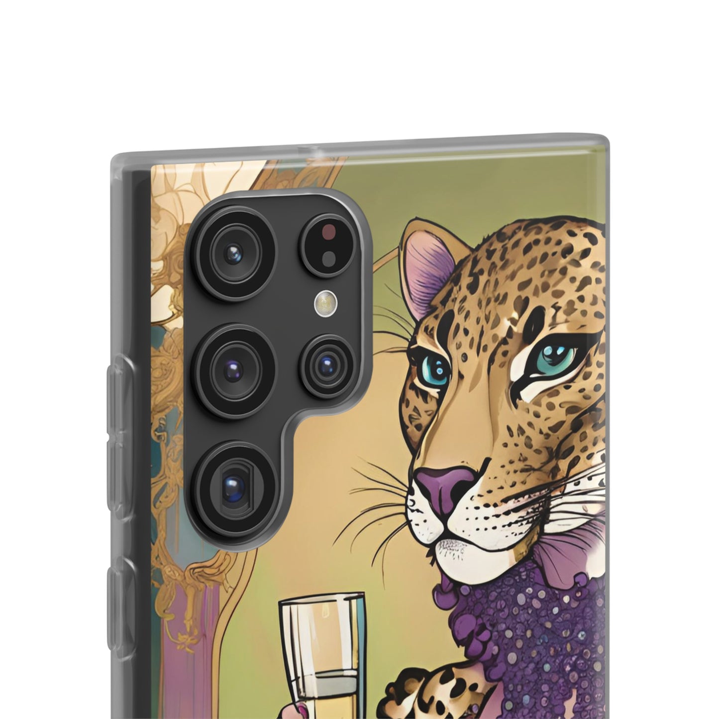 Whimsical Leopard Cat Flexi Phone Case, iPhone 15 14 13 , Samsung Galaxy Pixel Protective Case,Cat Lover Gift, Cat Lover Phone Case,Gift for her.