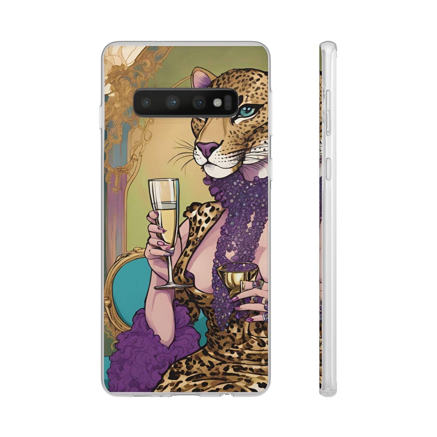 Whimsical Leopard Cat Flexi Phone Case, iPhone 15 14 13 , Samsung Galaxy Pixel Protective Case,Cat Lover Gift, Cat Lover Phone Case,Gift for her.