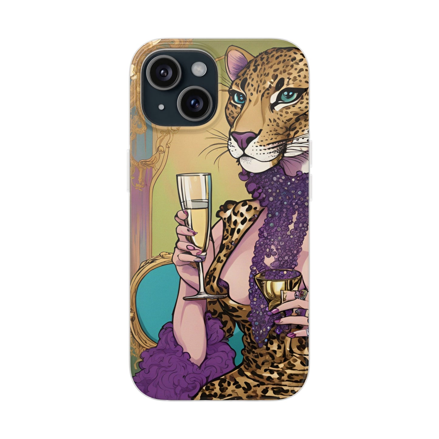 Whimsical Leopard Cat Flexi Phone Case, iPhone 15 14 13 , Samsung Galaxy Pixel Protective Case,Cat Lover Gift, Cat Lover Phone Case,Gift for her.