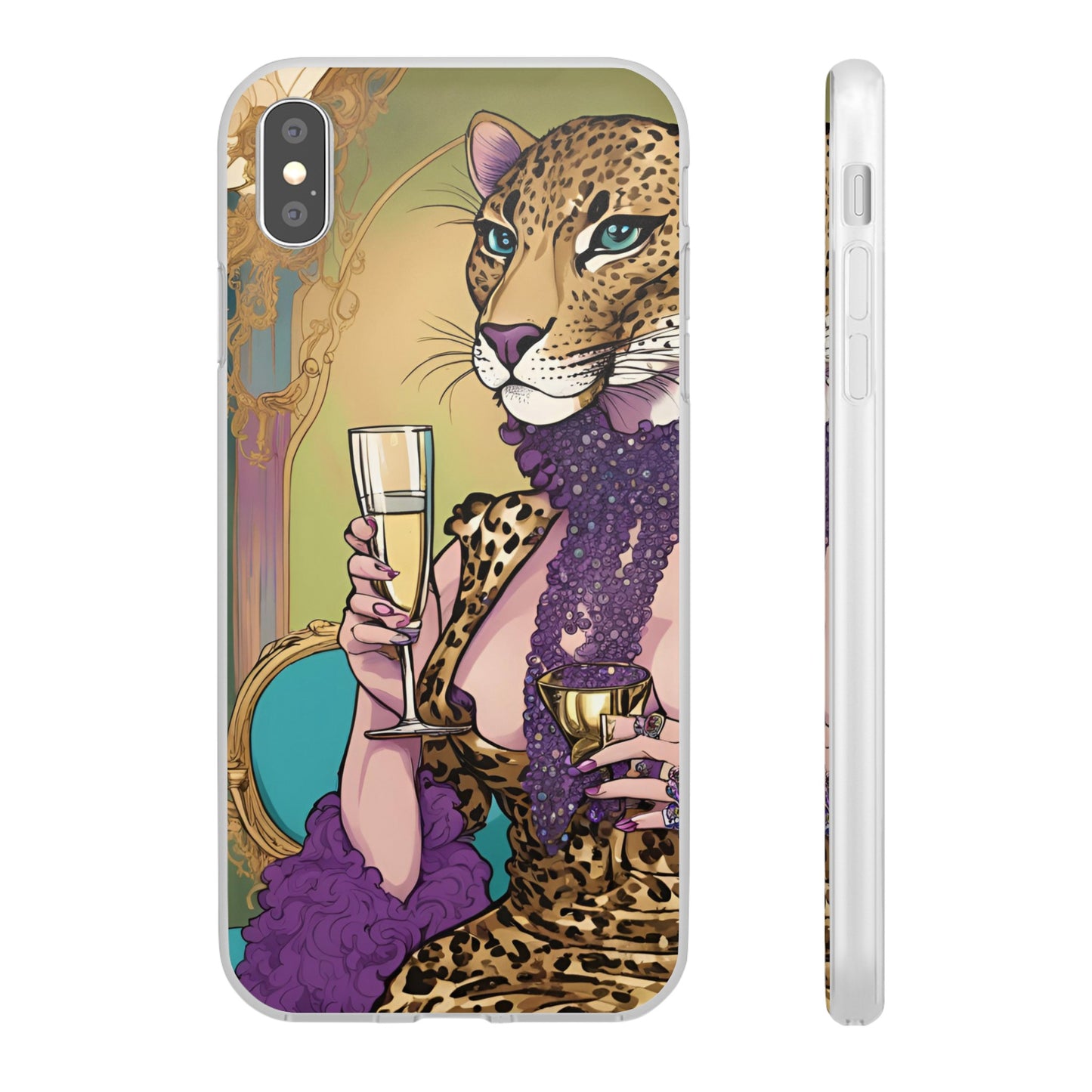 Whimsical Leopard Cat Flexi Phone Case, iPhone 15 14 13 , Samsung Galaxy Pixel Protective Case,Cat Lover Gift, Cat Lover Phone Case,Gift for her.