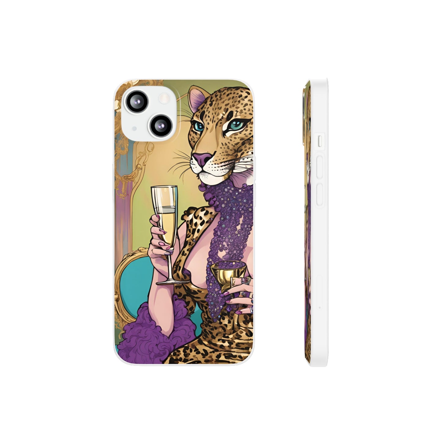 Whimsical Leopard Cat Flexi Phone Case, iPhone 15 14 13 , Samsung Galaxy Pixel Protective Case,Cat Lover Gift, Cat Lover Phone Case,Gift for her.