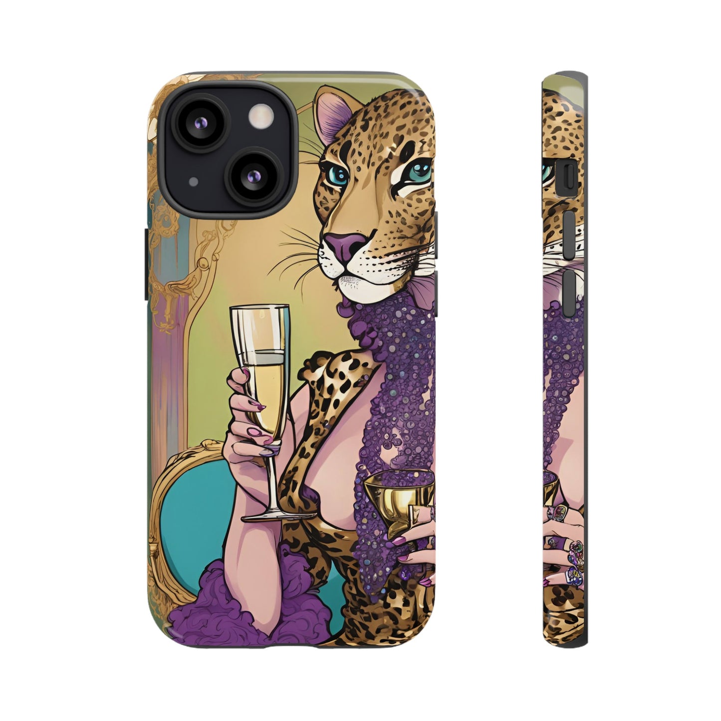 Hard  Cover Phone Case Whimsical Leopard Cat Phone Case, iPhone 15 14 13, Samsung Galaxy Pixel ,Google Pixel Protective Case,Cat Lover Gift.