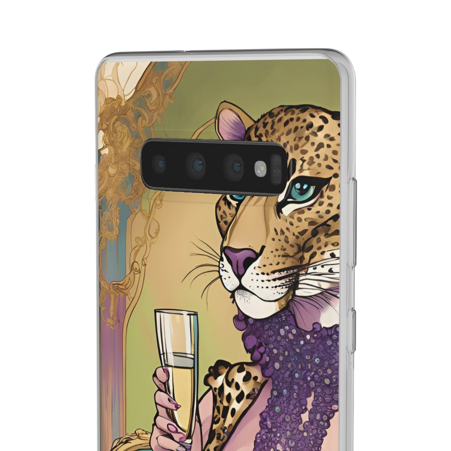 Whimsical Leopard Cat Flexi Phone Case, iPhone 15 14 13 , Samsung Galaxy Pixel Protective Case,Cat Lover Gift, Cat Lover Phone Case,Gift for her.