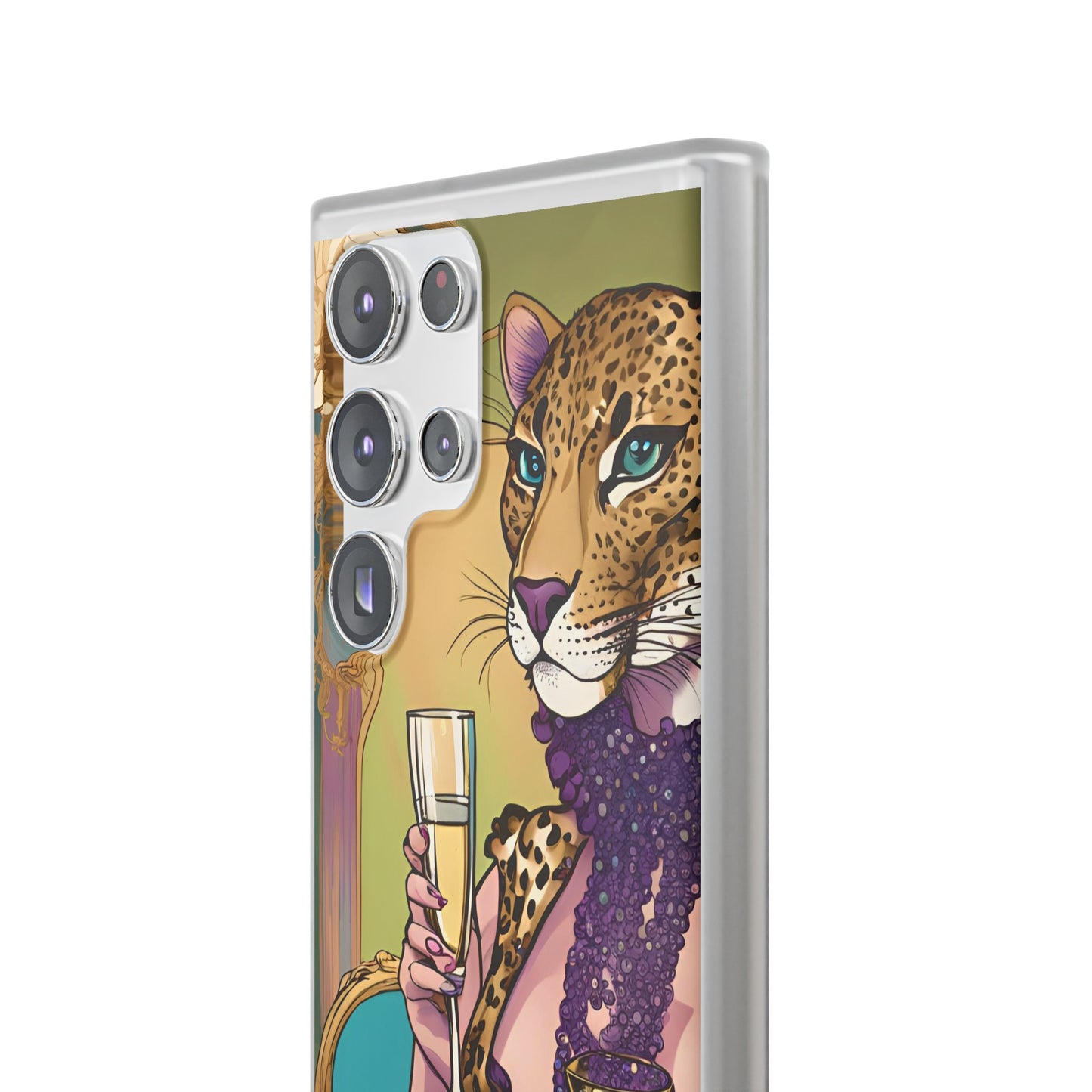 Whimsical Leopard Cat Flexi Phone Case, iPhone 15 14 13 , Samsung Galaxy Pixel Protective Case,Cat Lover Gift, Cat Lover Phone Case,Gift for her.